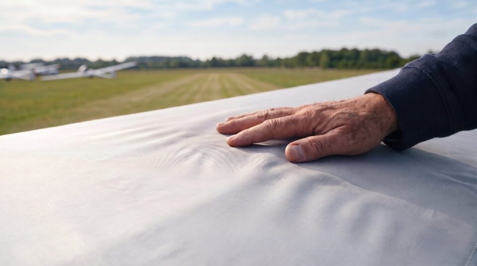 Hand auf hochwertigem Cover-Material für Flugzeug-Schutzbezüge