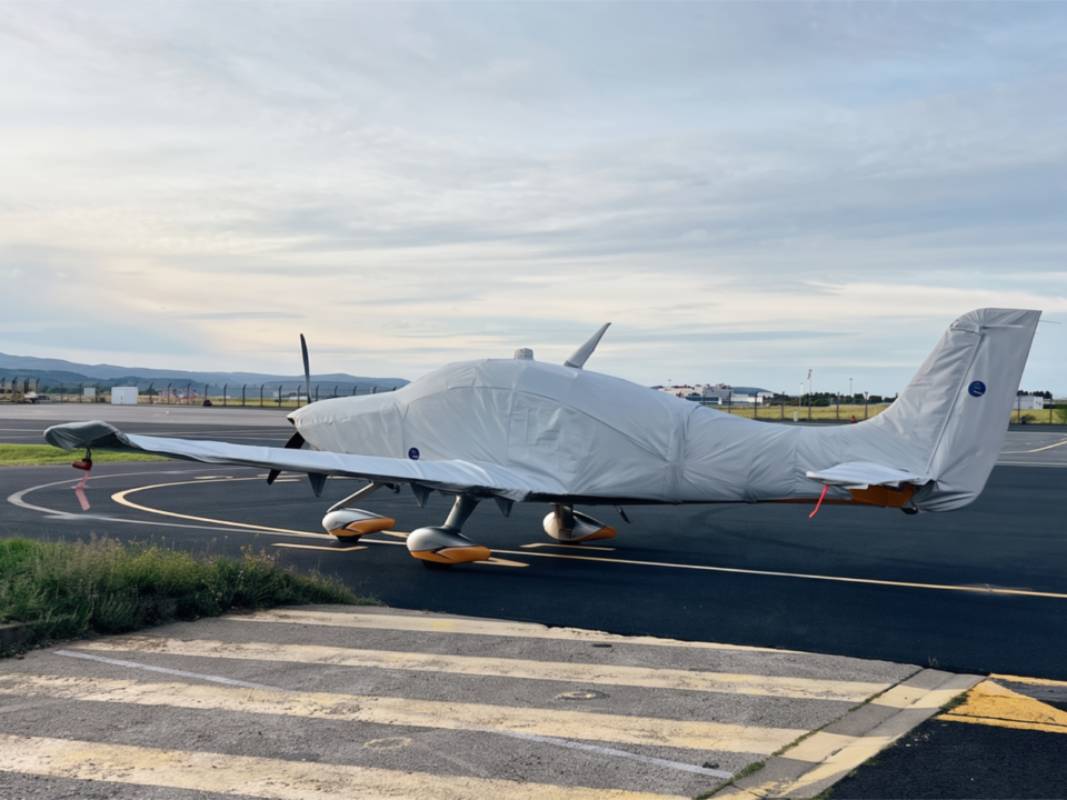 Motorflugzeug auf dem Flugplatz mit passgenauer Jaxida Flugzeugabdeckung